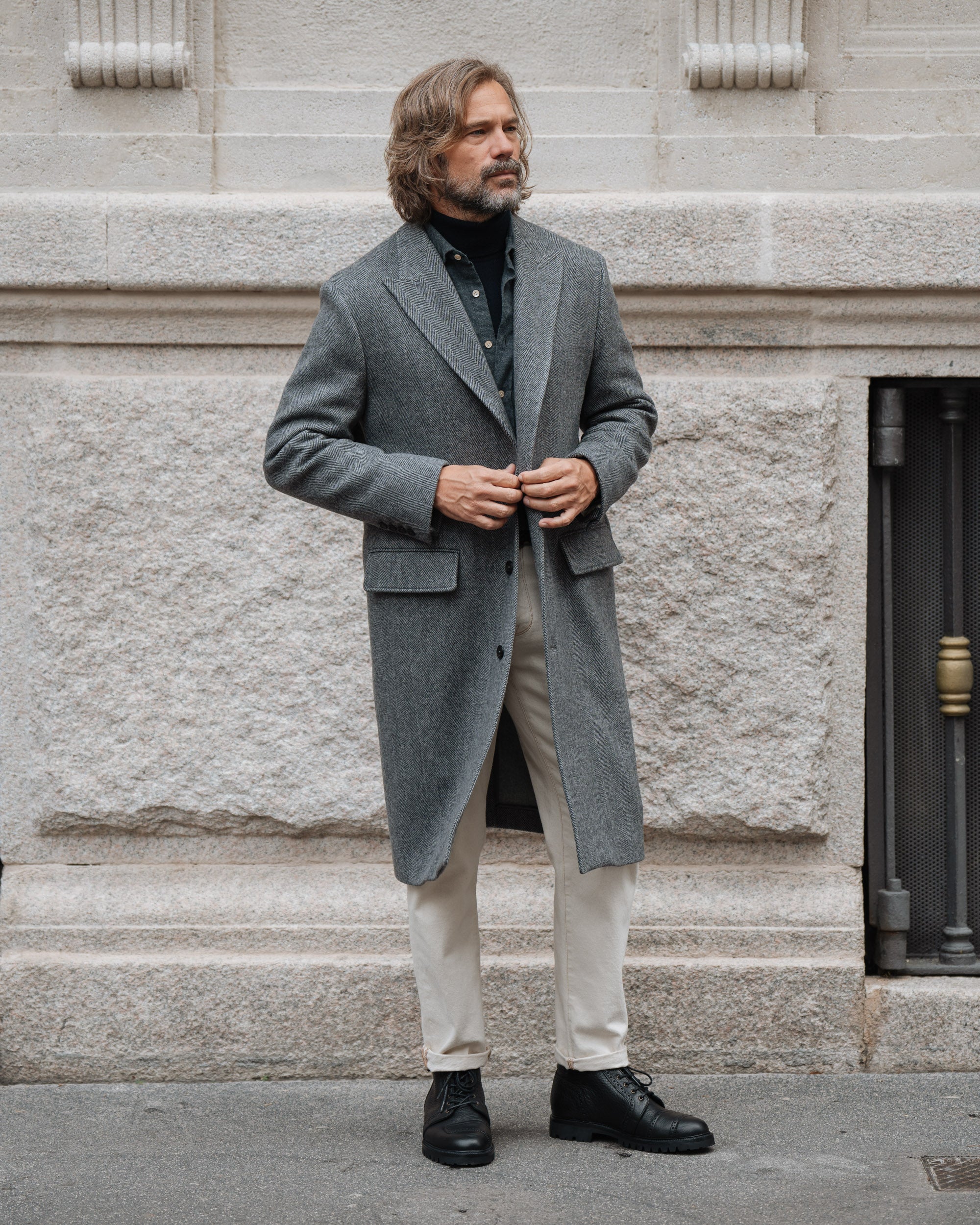 Velasca | Black and white herringbone tweed coat, Made in Italy