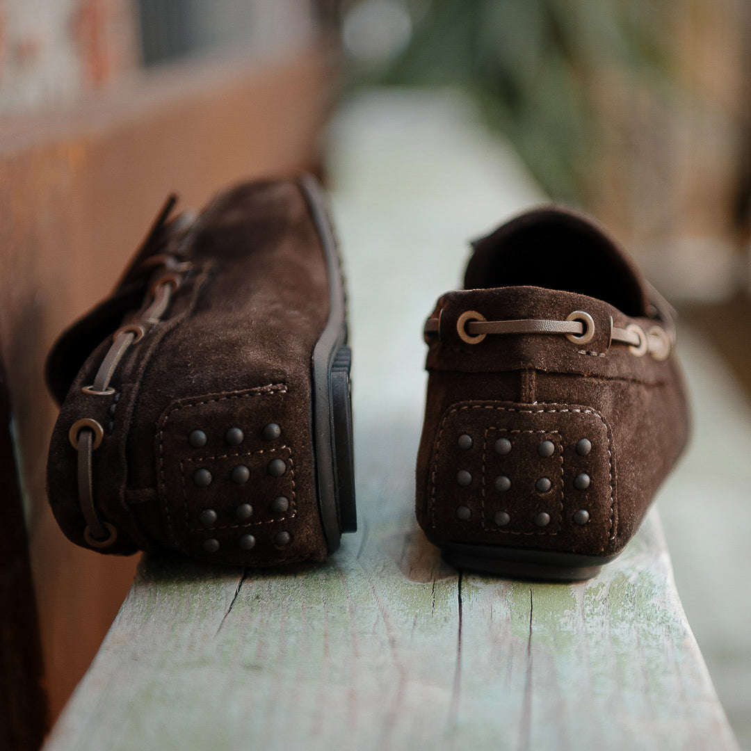 Studded-sole Moccasins with laces in suede leather for men | Velasca