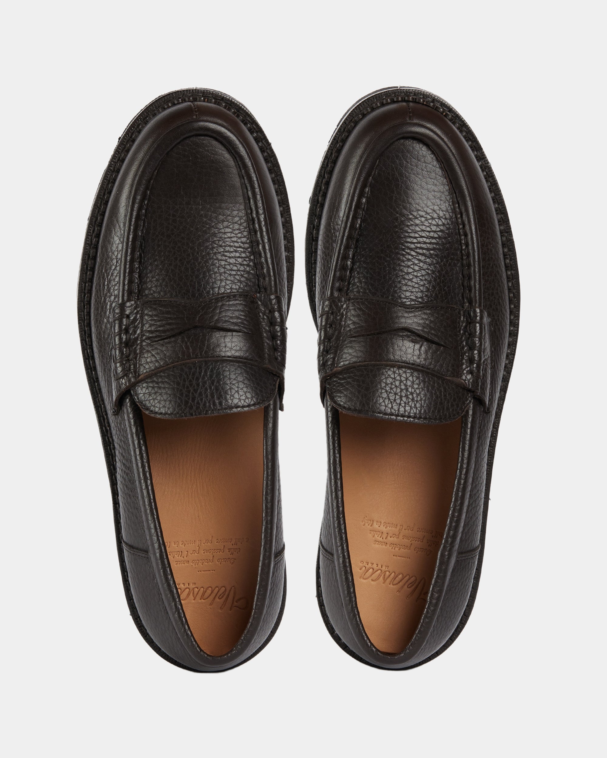 Dark brown genuine tumbled leather penny loafer | Velasca