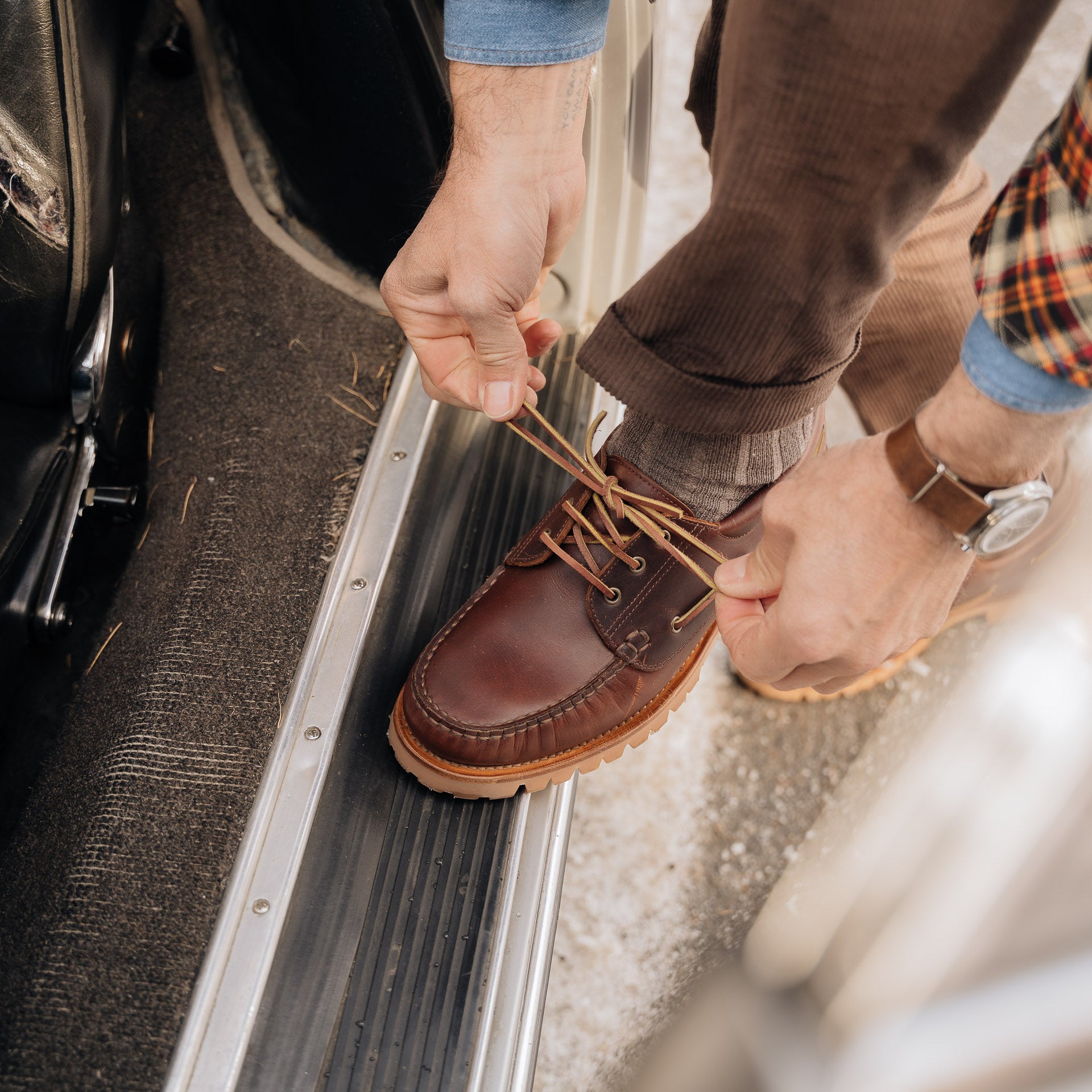 Men's brown boat shoes with wool lining