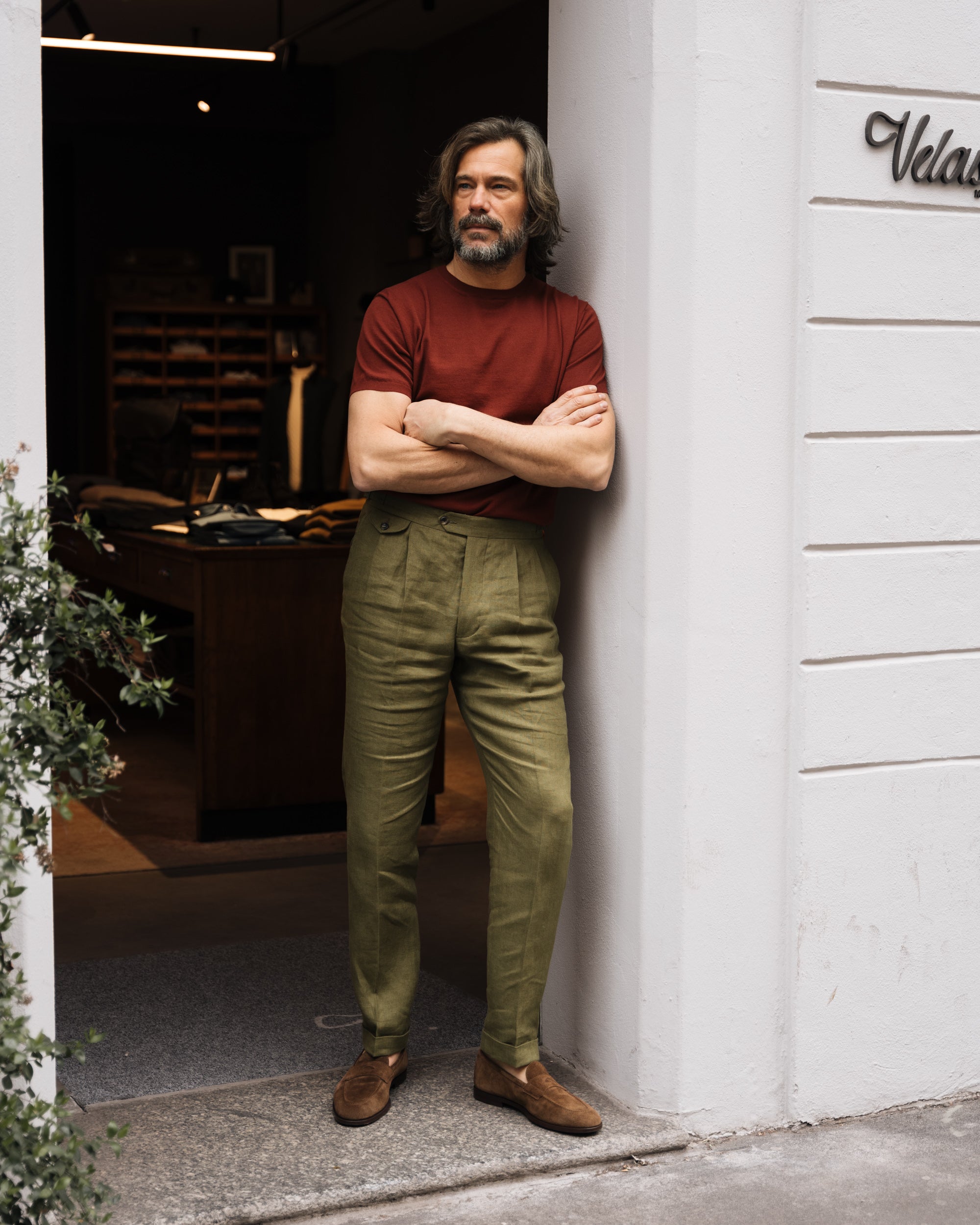 Velasca Men s olive green linen pants made in Italy