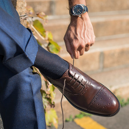 Men’s brown leather Oxford shoes, semi brogue | Velasca